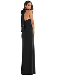 High-Neck Open-Back Maxi Dress With Scarf Tie - 6834 