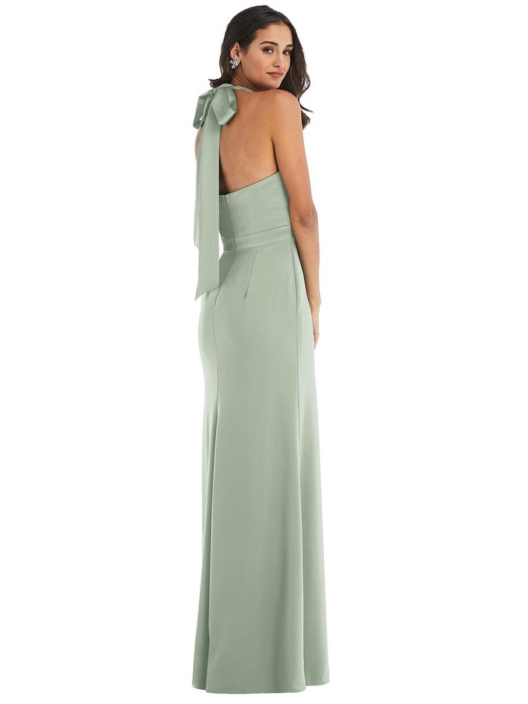 High-Neck Open-Back Maxi Dress with Scarf Tie - 6834