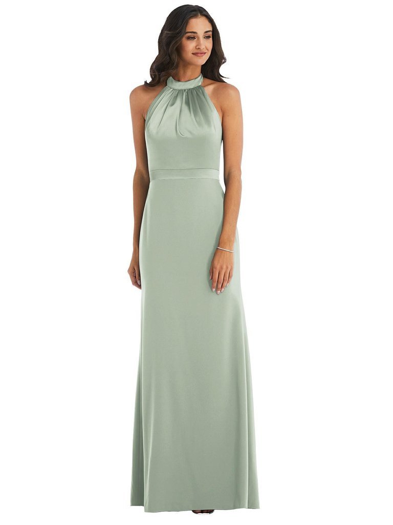 High-Neck Open-Back Maxi Dress with Scarf Tie - 6834 - Willow Green
