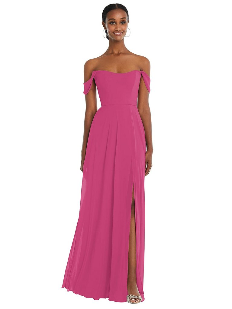 Off-The-Shoulder Basque Neck Maxi Dress With Flounce Sleeves - 1560  - Tea Rose