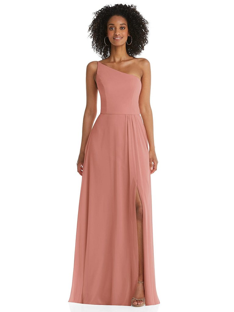 One-Shoulder Chiffon Maxi Dress With Shirred Front Slit - 1555  - Desert Rose