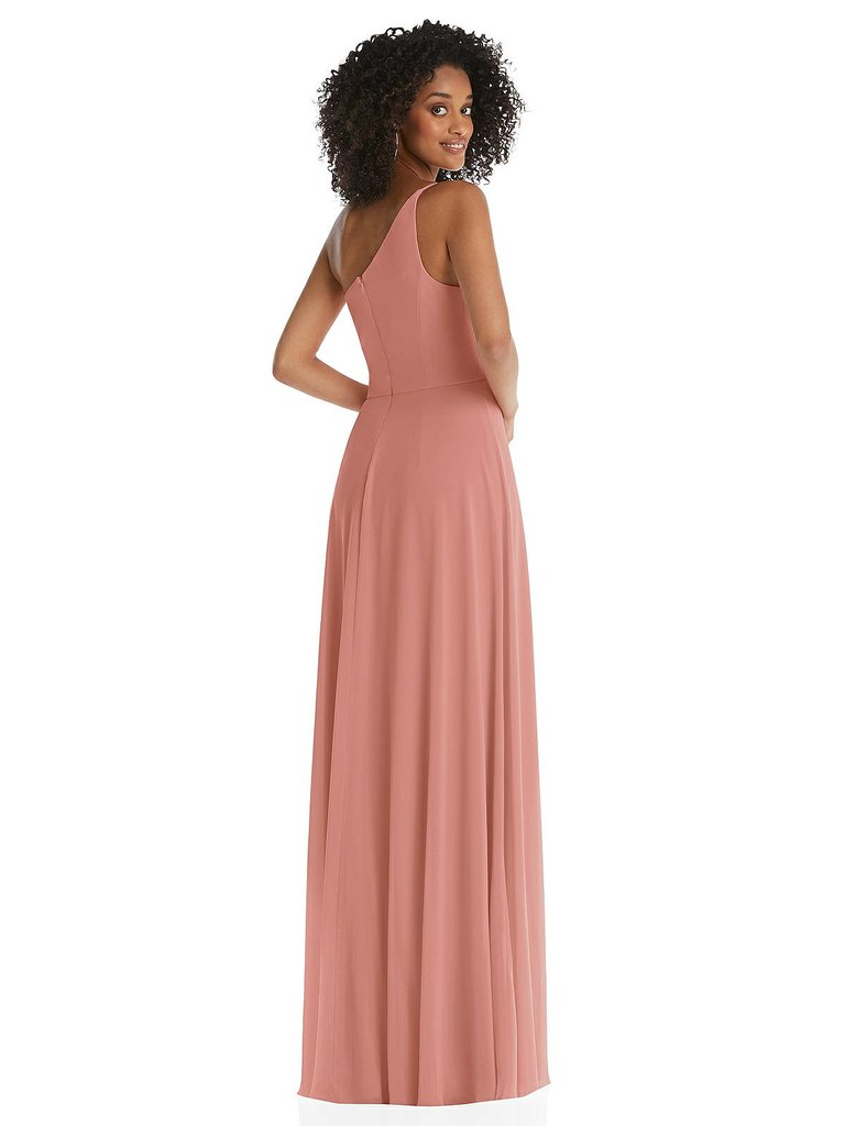 One-Shoulder Chiffon Maxi Dress With Shirred Front Slit - 1555 