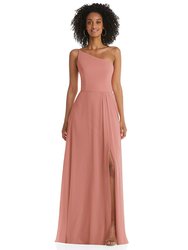 One-Shoulder Chiffon Maxi Dress With Shirred Front Slit - 1555  - Desert Rose