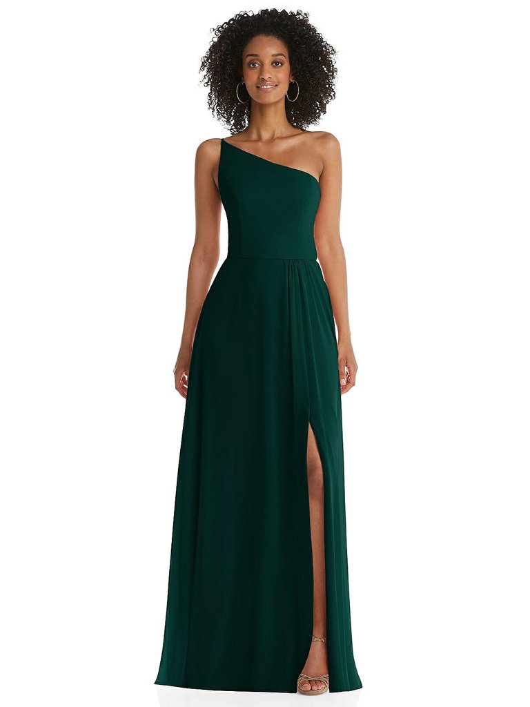 One-Shoulder Chiffon Maxi Dress With Shirred Front Slit - 1555  - Evergreen