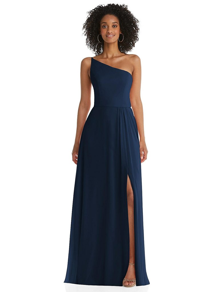 One-Shoulder Chiffon Maxi Dress With Shirred Front Slit - 1555  - Midnight Navy