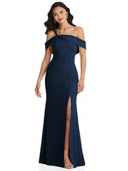 One-Shoulder Draped Cuff Maxi Dress With Front Slit - 6847 - Midnight Navy
