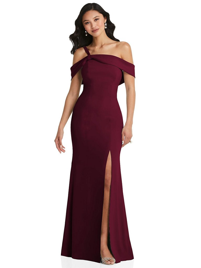 One-Shoulder Draped Cuff Maxi Dress With Front Slit - 6847 - Cabernet