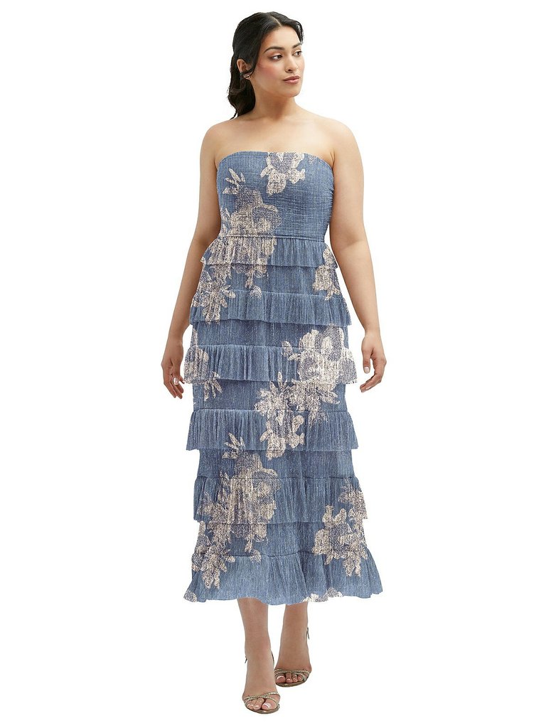 Ruffle Tiered Skirt Metallic Pleated Strapless Midi Dress With Floral Gold Foil Print - 6890FP - French Blue Gold Foil