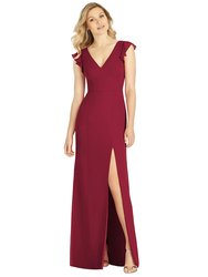 Ruffled Sleeve Mermaid Dress with Front Slit - 6810 - Burgundy