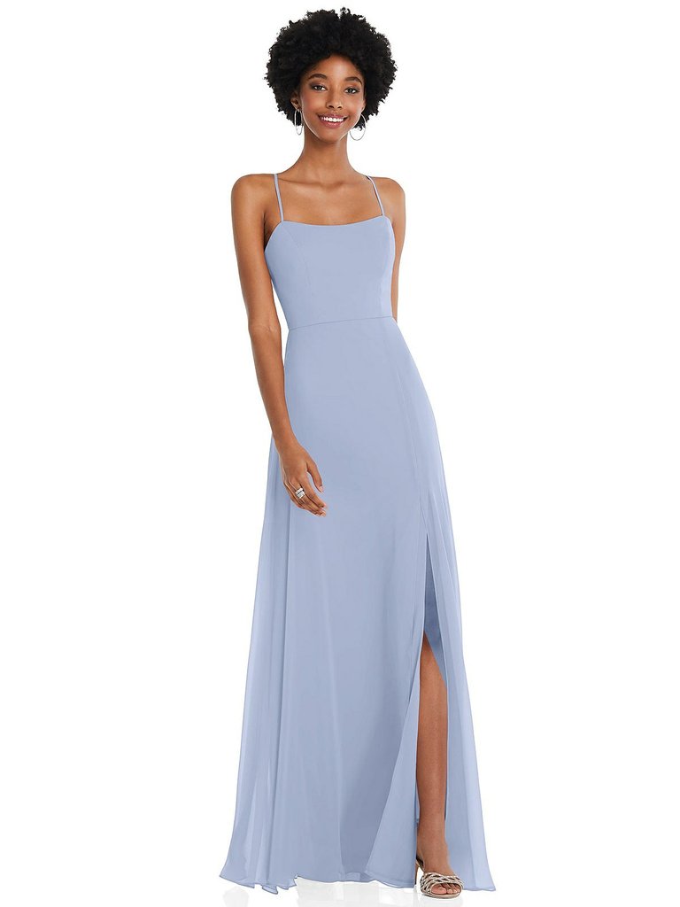 Scoop Neck Convertible Tie-Strap Maxi Dress with Front Slit - 1559 - Sky Blue