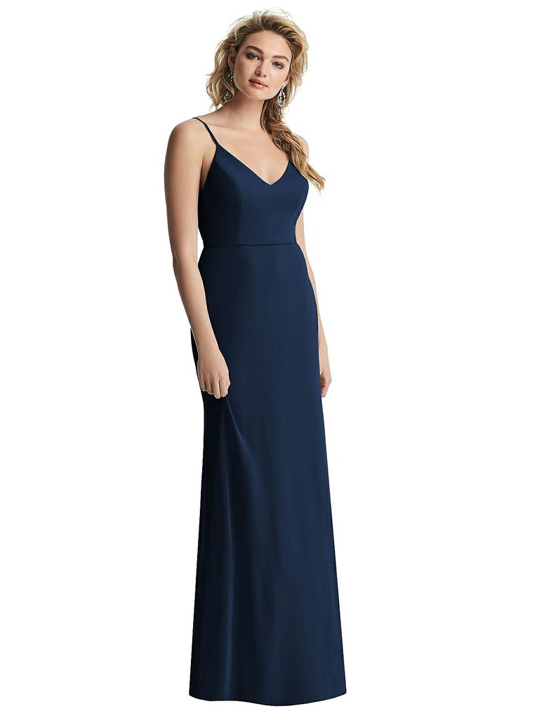 Shirred Sash Cowl-Back Chiffon Trumpet Gown - 6815 - Midnight Navy