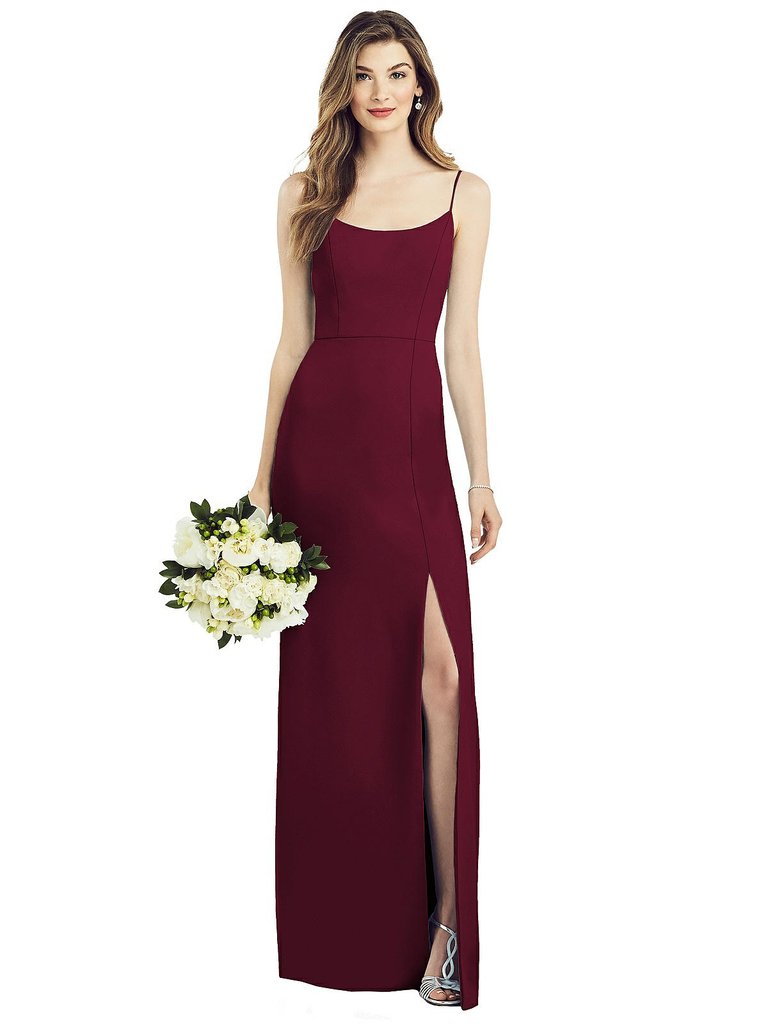 Spaghetti Strap V-Back Crepe Gown With Front Slit - 6822 - Cabernet