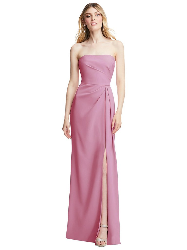 Strapless Pleated Faux Wrap Trumpet Gown With Front Slit - 6873 - Powder Pink