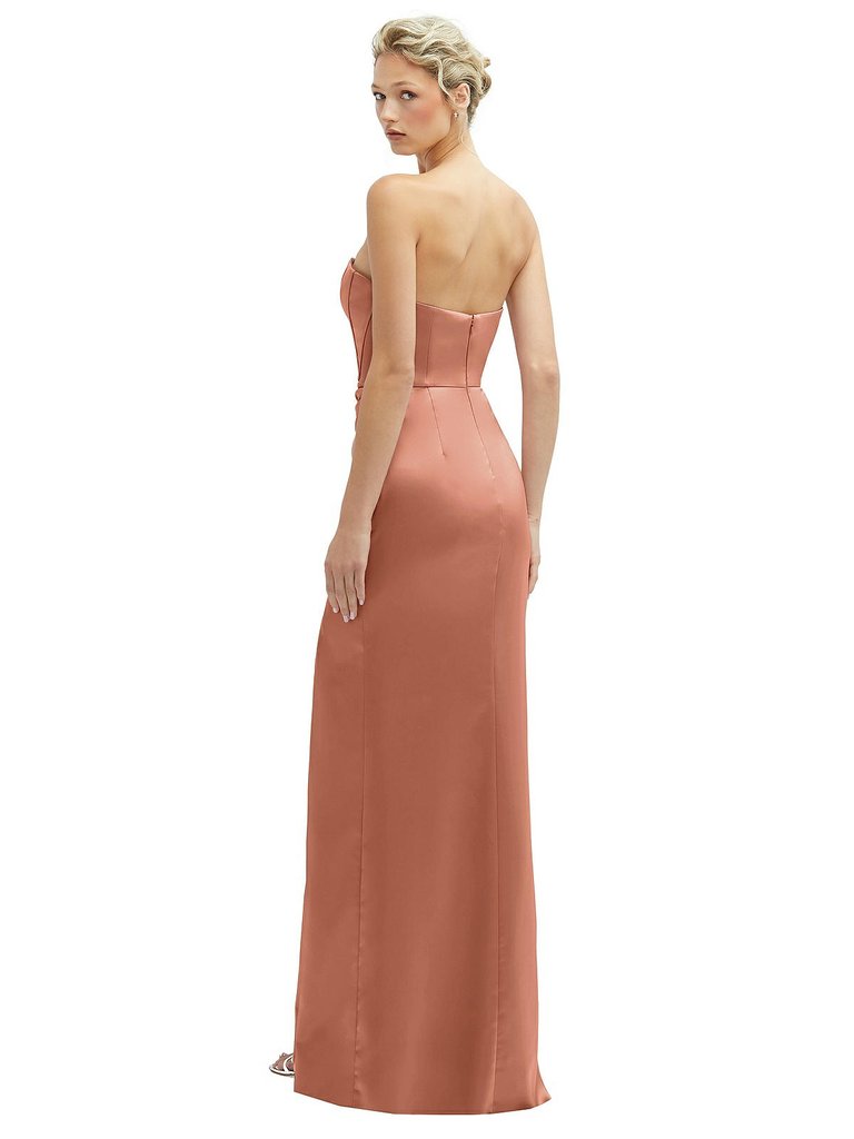 Strapless Topstitched Corset Satin Maxi Dress With Draped Column Skirt - 6888