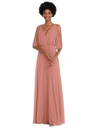 V-Neck Split Sleeve Blouson Bodice Maxi Dress - 1565 - Desert Rose