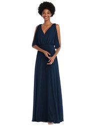 V-Neck Split Sleeve Blouson Bodice Maxi Dress - 1565 - Midnight Navy