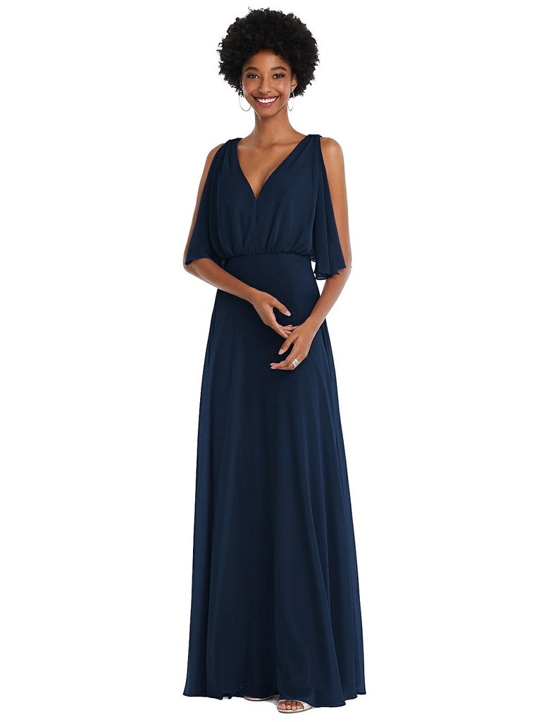 V-Neck Split Sleeve Blouson Bodice Maxi Dress - 1565 - Midnight Navy