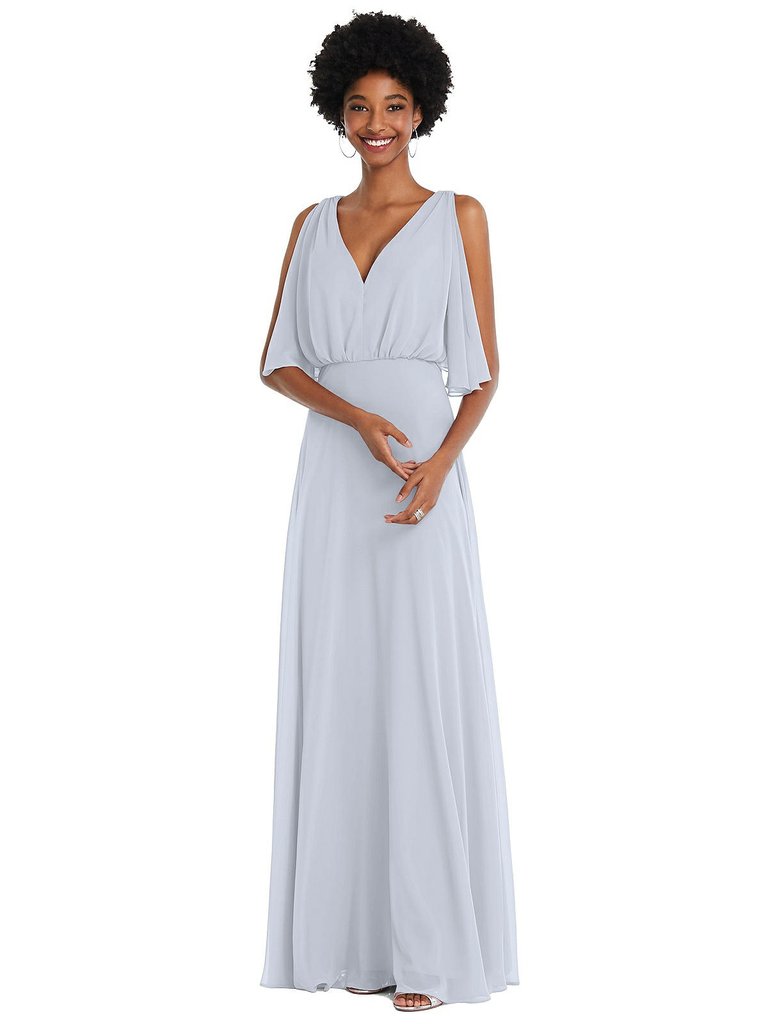 V-Neck Split Sleeve Blouson Bodice Maxi Dress - 1565 - Silver Dove