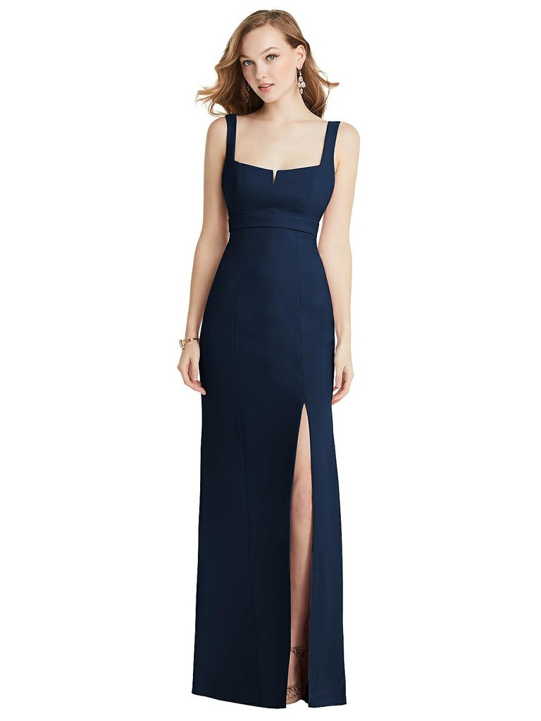 Wide Strap Notch Empire Waist Dress With Front Slit - 6838 - Midnight Navy