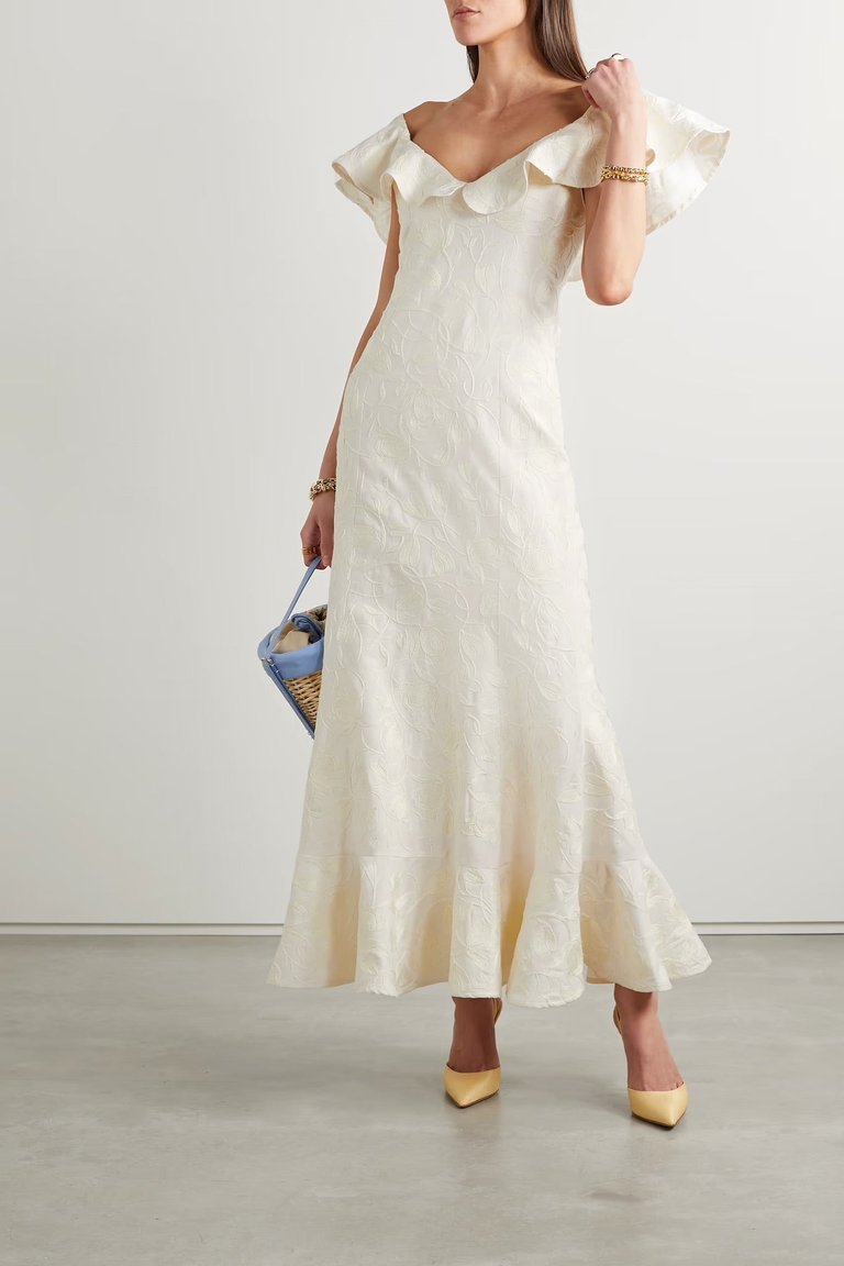 Izote Flora Off-the-shoulder Ruffled Embroidered Linen Maxi Dress