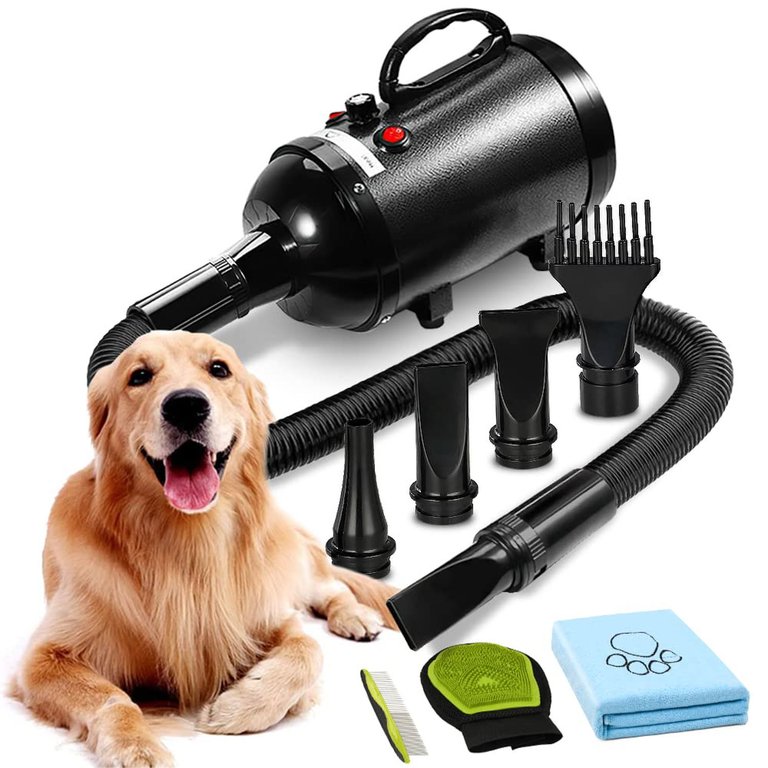 All-In-One Bath Set Supplies Dog Dryer With 4.3HP/3200W Dog Hair Dryer, Steel Needle Comb, Bath Glove And Bath Towel - Black