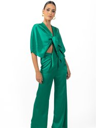 Athena Women's Silky Tie Front Top In Green - Green