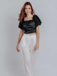 Fiona Ruffle Puff Pleated Sleeves Top - Black