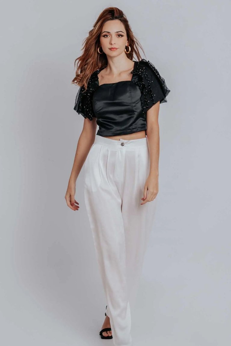 Fiona Ruffle Puff Pleated Sleeves Top - Black