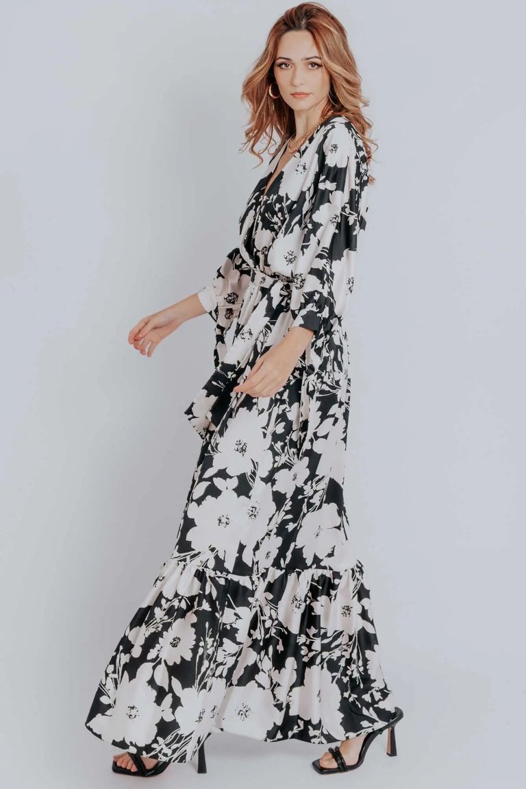 Isabelle Floral Print Ruffled Hem Belted Dress - Black 