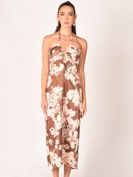 Paola Floral Satin Silk Backless Midi Dress