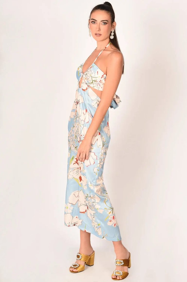 Paola Floral Satin Silk Backless Midi Dress - Blue