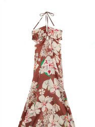 Paola Floral Satin Silk Backless Midi Dress - Brown
