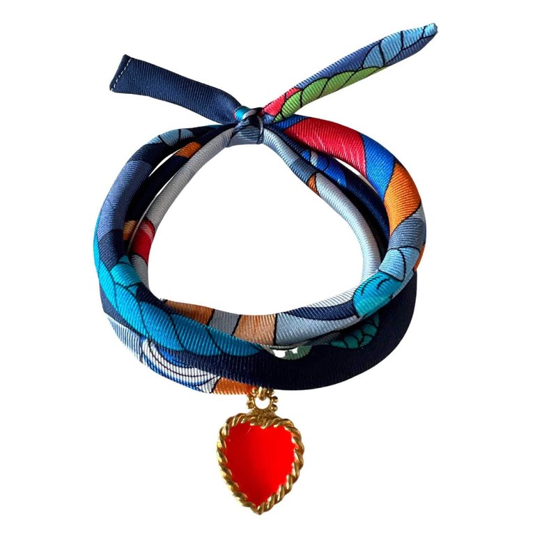 Red Hand Printed Silk Twill Bracelet Sterling Silver Gold Plated Enamel Love Charm - Red