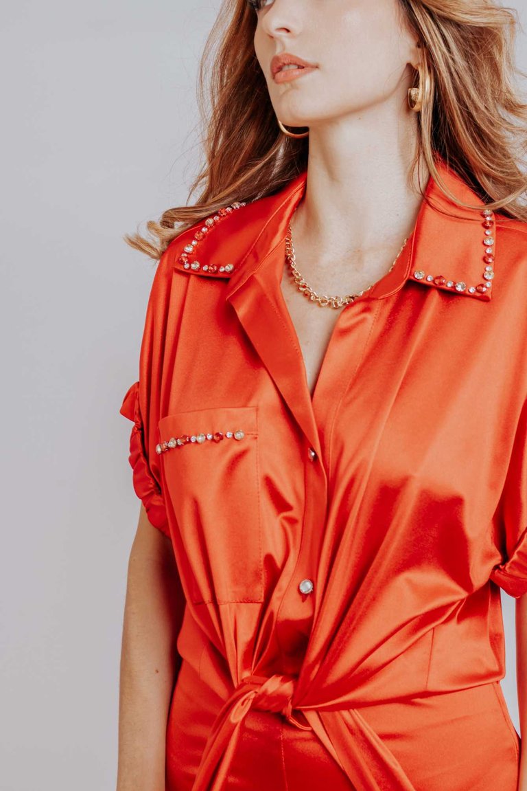 Rosie Tie Front Satin Shirt - Orange