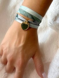 Sage Hand Printed Silk Twill Bracelet Sterling Silver Gold Plated Enamel Love Charm