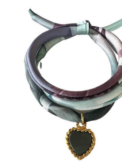 Akalia Sage Hand Printed Silk Twill Bracelet Sterling Silver Gold Plated Enamel Love Charm product