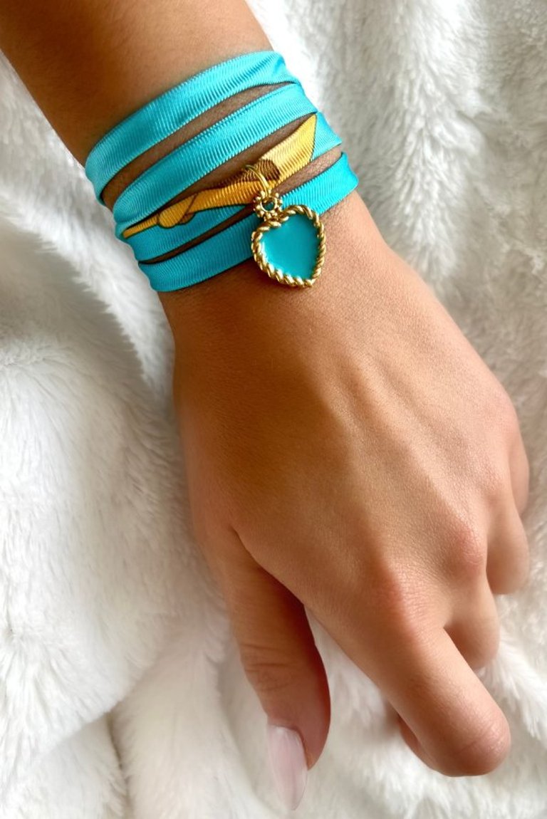 Turquoise Hand Printed Silk Twill Bracelet Sterling Silver Gold Plated Enamel Love Charm