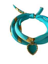 Turquoise Hand Printed Silk Twill Bracelet Sterling Silver Gold Plated Enamel Love Charm - Turquoise