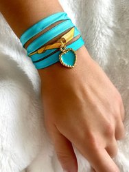 Turquoise Hand Printed Silk Twill Bracelet Sterling Silver Gold Plated Enamel Love Charm