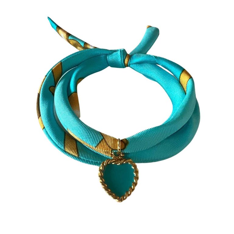 Turquoise Hand Printed Silk Twill Bracelet Sterling Silver Gold Plated Enamel Love Charm - Turquoise