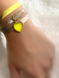 Yellow Hand Printed Silk Twill Bracelet Sterling Silver Gold Plated Enamel Love Charm