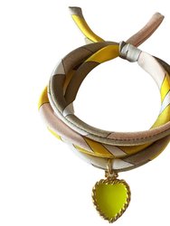 Yellow Hand Printed Silk Twill Bracelet Sterling Silver Gold Plated Enamel Love Charm - Yellow