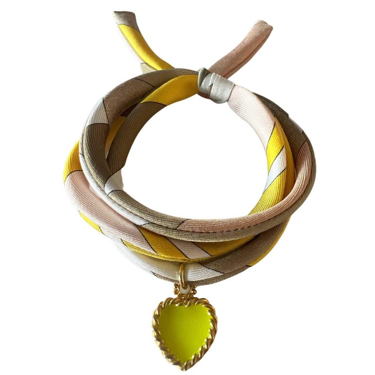 Yellow Hand Printed Silk Twill Bracelet Sterling Silver Gold Plated Enamel Love Charm - Yellow