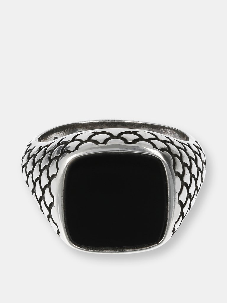 Chevalier Ring with Square Stone and Mermaid Texture - Black