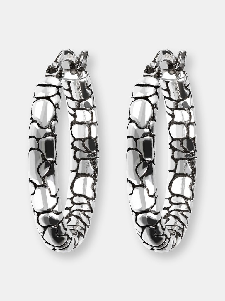 Snake Texture Hoop Earrings - Rhodium