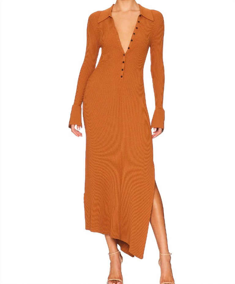 Lance Ribbed Polo Collar Midi Dress - Cognac