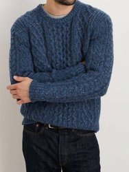 Fisherman Cable Crewneck In Donegal Wool In Heather Navy - Heather Navy