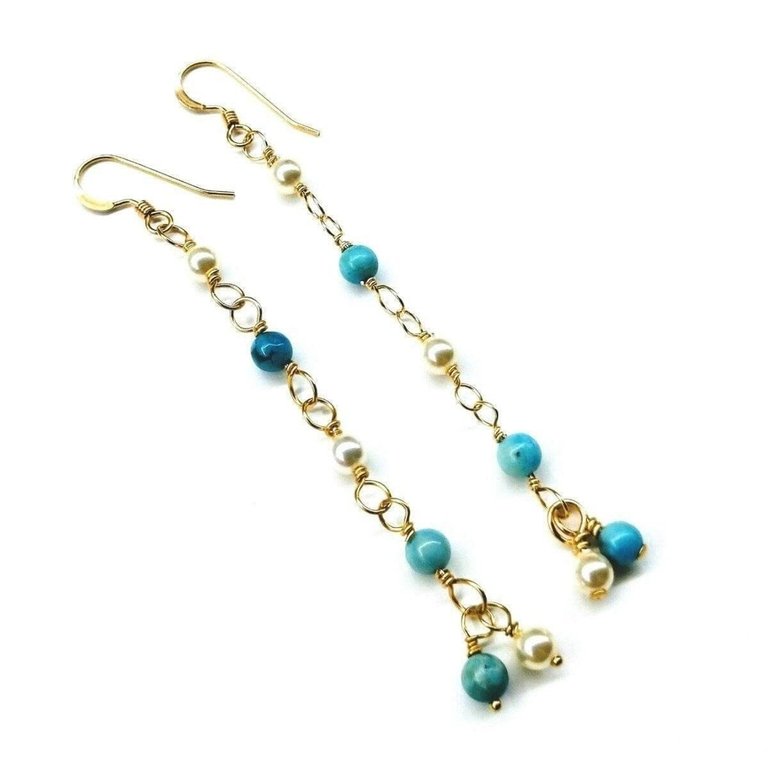 14 KT Gold Filled Wire Wrapped Long Turquoise Pearl Dangle Earrings - Multi