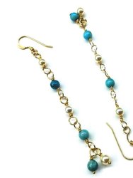 14 KT Gold Filled Wire Wrapped Long Turquoise Pearl Dangle Earrings