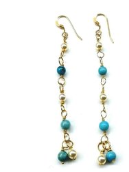 14 KT Gold Filled Wire Wrapped Long Turquoise Pearl Dangle Earrings